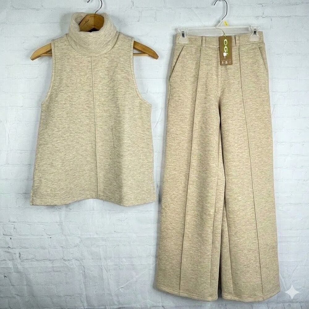 OGL Sleeveless Top & Straight Leg Pant Suit Womens XS Beige 2 Piece Set NEW!